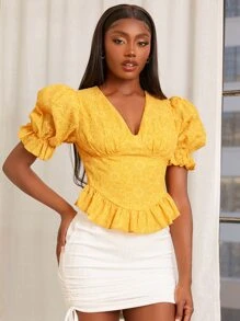 SHEINNeu Áo sơ mi nữ Bất đối xứng Xù Viên lá sen Hoa Boho - Màu vàng - Xem 4