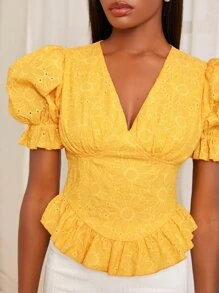 SHEINNeu Áo sơ mi nữ Bất đối xứng Xù Viên lá sen Hoa Boho - Màu vàng - Xem 5
