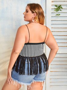 SHEIN Unity Plus Argyle Pattern Tassel Trim Knit Top - Black and White - View 2