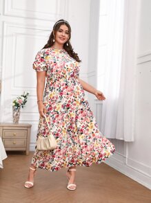 SHEIN Clasi Plus Allover Floral Print Puff Sleeve Ruffle Hem Dress - Multicolor - View 1