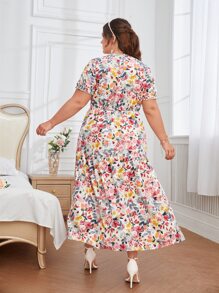 SHEIN Clasi Plus Allover Floral Print Puff Sleeve Ruffle Hem Dress - Multicolor - View 2