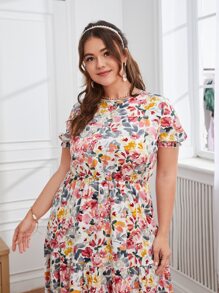 SHEIN Clasi Plus Allover Floral Print Puff Sleeve Ruffle Hem Dress - Multicolor - View 3