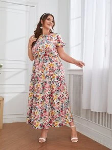 SHEIN Clasi Plus Allover Floral Print Puff Sleeve Ruffle Hem Dress - Multicolor - View 5