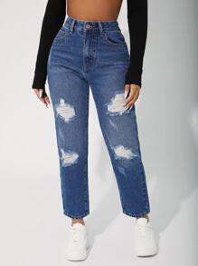 SHEIN PETITE 高腰破洞細節牛仔褲 - 中等水洗藍 - 查看 4