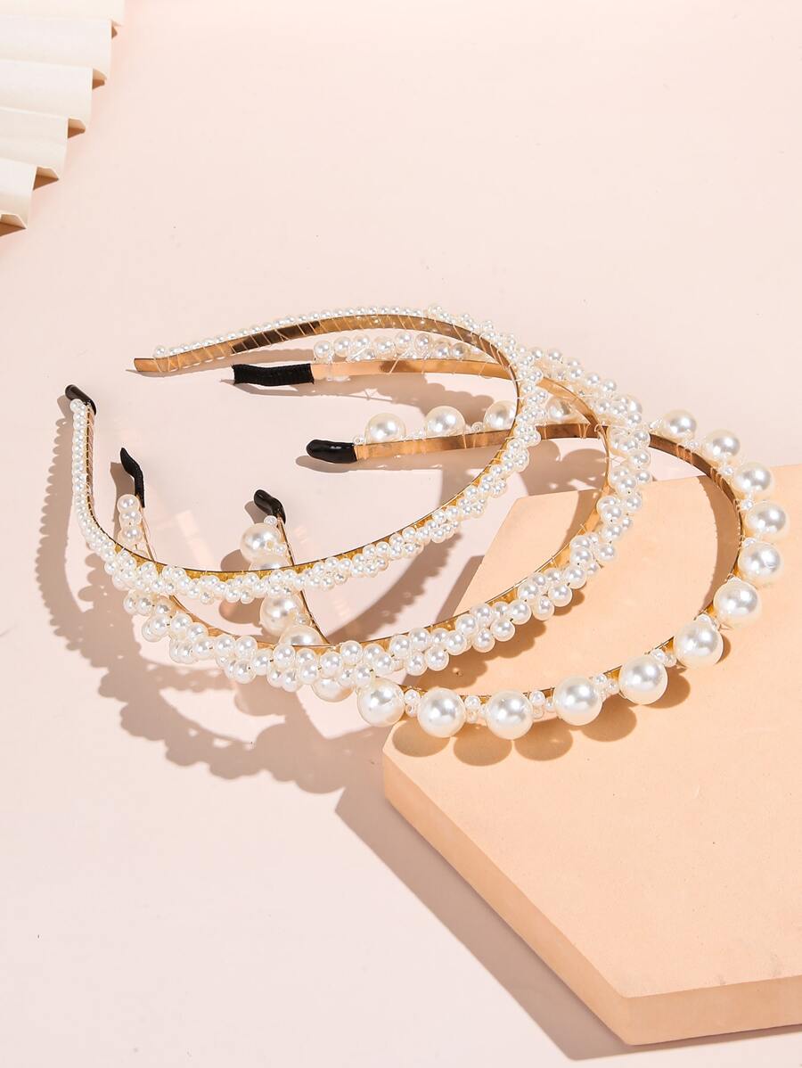 3pcs Faux Pearl Decor Hair Hoop - White - View 1