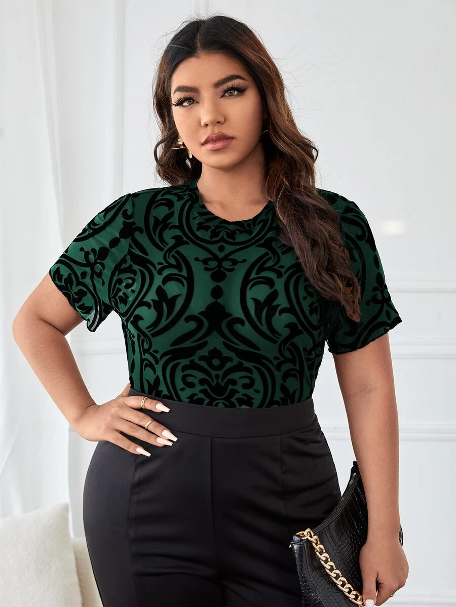 大碼滿版印花木耳邊網紗上衣 - 彩色 - 查看 1