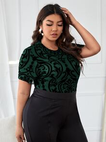 大碼滿版印花木耳邊網紗上衣 - 彩色 - 查看 3