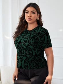 大碼滿版印花木耳邊網紗上衣 - 彩色 - 查看 5