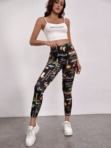 SHEIN 字母圖案高腰緊身打底褲 - 彩色 - 查看 3