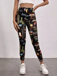 SHEIN 字母圖案高腰緊身打底褲 - 彩色 - 查看 4