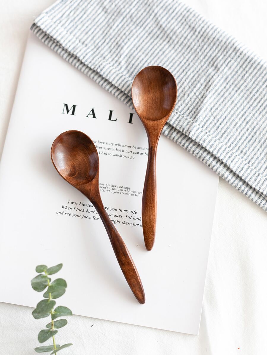 1 件可重复使用的木制汤匙，精致的纯色可洗晚餐勺学校用品，圣诞礼物 - 棕色 - 查看 1