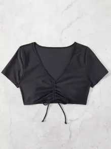 SHEIN Swim Summer Beach Drawstring Front Bikini Top - Black - View 3