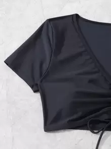 SHEIN Swim Summer Beach Drawstring Front Bikini Top - Black - View 4