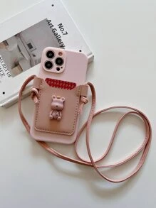 Phim hoạt hình gấu trang trí hộp đựng thẻ điện thoại có dây buộc - Hồng - Xem 1