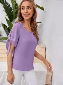 SHEIN Privé 結飾袖素色襯衫 - 淡紫色 - 查看 3