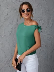 SHEIN Clasi Solid Oblique Shoulder Blouse - Green - View 3