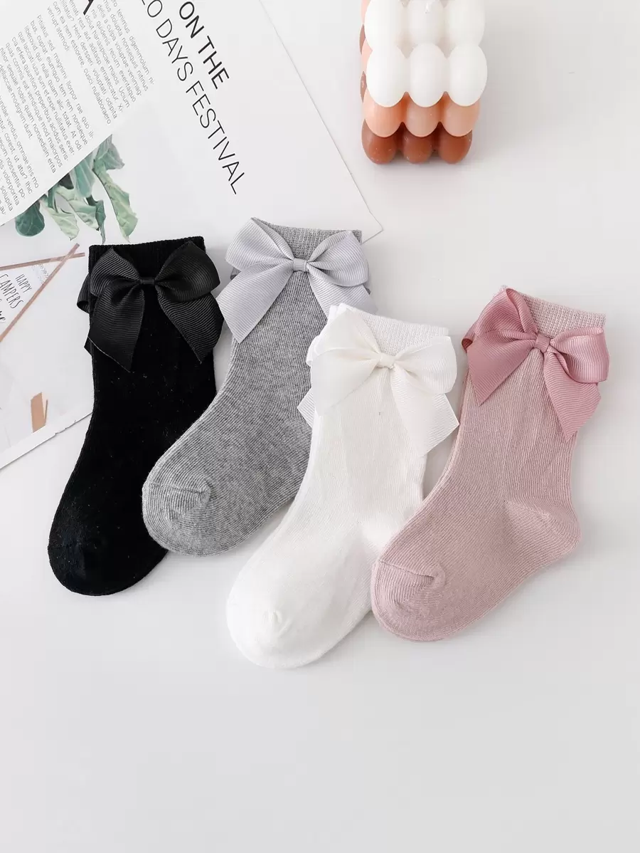 Niños 4 pares Calcetines de tripulación con diseño de lazo - Multicolor - Ver 1