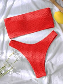 SHEIN Swim Summer Beach Plain Textured Bandeau Bikini - Red - View 3