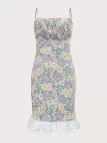Floral Print Contrast Lace Ruched Bust Cami Dress - Multicolor - View 1