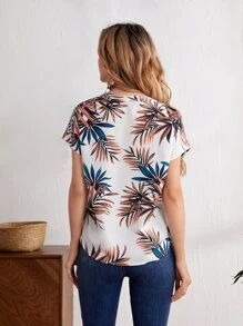 EMERY ROSE Notched Neck Tropical Print Blouse