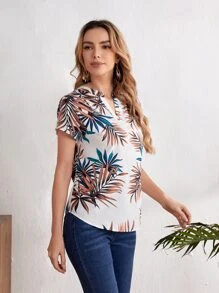 EMERY ROSE Notched Neck Tropical Print Blouse