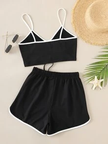 前抽繩撞色滾邊吊帶短上衣帶跑步短褲 - 黑色 - 查看 2