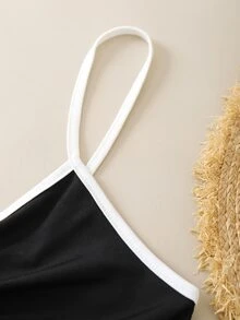 前抽繩撞色滾邊吊帶短上衣帶跑步短褲 - 黑色 - 查看 8