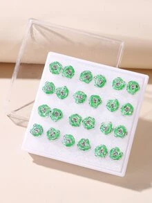 24 件小花形水钻镶嵌耳钉套装，适合女士，适合节日、派对和日常佩戴 - 綠色 - 查看 1