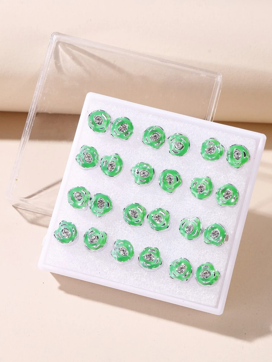 24 件小花形水钻镶嵌耳钉套装，适合女士，适合节日、派对和日常佩戴 - 綠色 - 查看 1