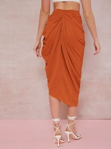 Silquee Ruched High-Slit Bodycon Midi Skirt - Burnt Orange - View 2