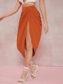 Silquee Ruched High-Slit Bodycon Midi Skirt - Burnt Orange - View 3