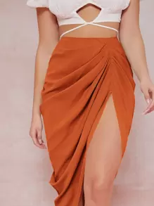 Silquee Ruched High-Slit Bodycon Midi Skirt - Burnt Orange - View 4
