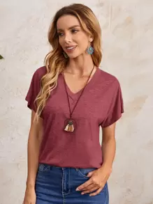 EMERY ROSE 女士纯色 V 领蝙蝠袖 T 恤休闲教师 T 恤外出上衣基本款 T 恤 - 紅木色 - 查看 3