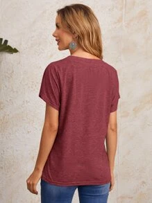 EMERY ROSE 女士纯色 V 领蝙蝠袖 T 恤休闲教师 T 恤外出上衣基本款 T 恤 - 紅木色 - 查看 2