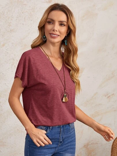 EMERY ROSE Women's Solid Color V-Neck Batwing Sleeve T-Shirt Casual Teacher T Shirt Going Out Tops Basic Tees
