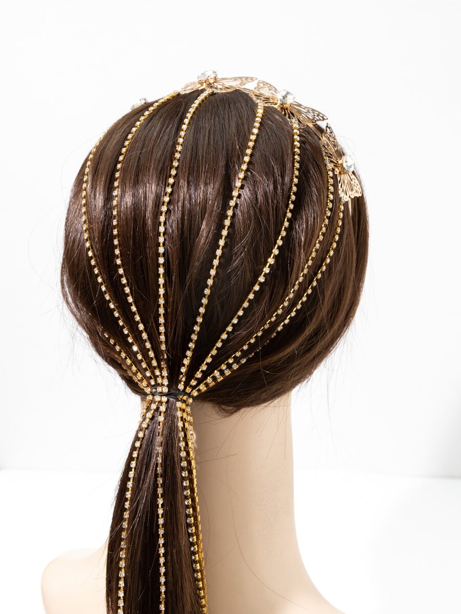 Diadema con mariposa & con diamante de imitación con diseño de fleco - Dorado - Ver 1