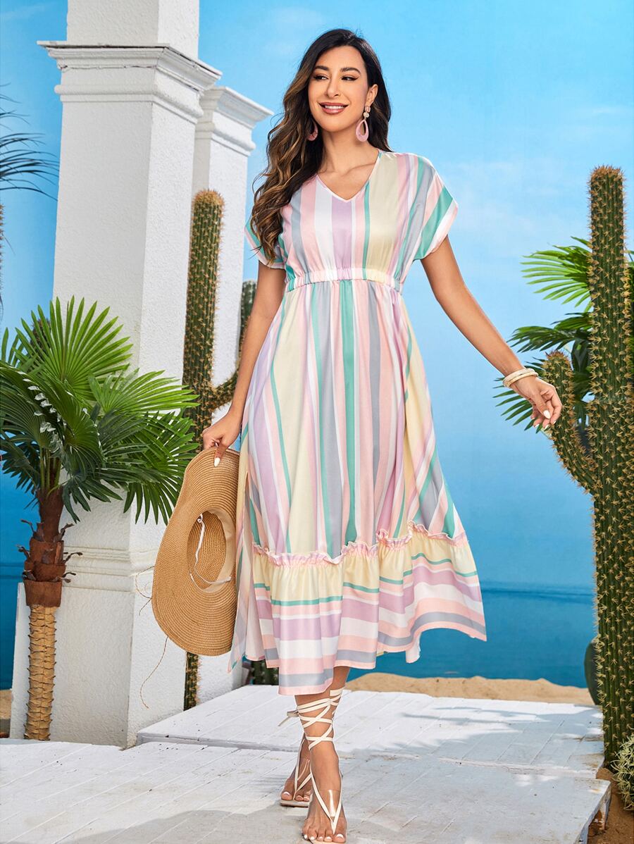 SHEIN Block Striped Batwing Sleeve Frill Trim Dress - Multicolor - View 1