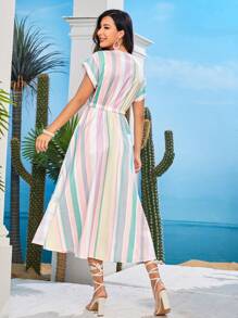 SHEIN Block Striped Batwing Sleeve Frill Trim Dress - Multicolor - View 2