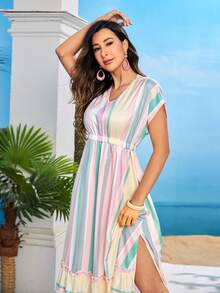 SHEIN Block Striped Batwing Sleeve Frill Trim Dress - Multicolor - View 5