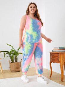 SHEIN 大碼紮染背心上衣和前繫帶衛褲 - 彩色 - 查看 4