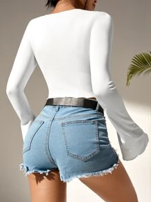 SHEIN Privé 手帕下擺荷葉袖短款T恤 - 白色 - 查看 2