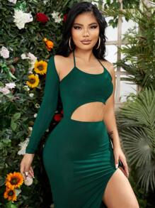 SHEIN Đầm Cắt ra Buộc lại Tách cao màu trơn Gợi cảm - Màu xanh lá cây đậm - Xem 5