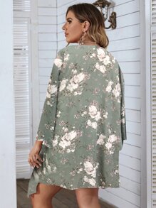 SHEIN Swim Curve Plus Size Floral Print Batwing Sleeve Chiffon Kimono Summer - Green - View 2