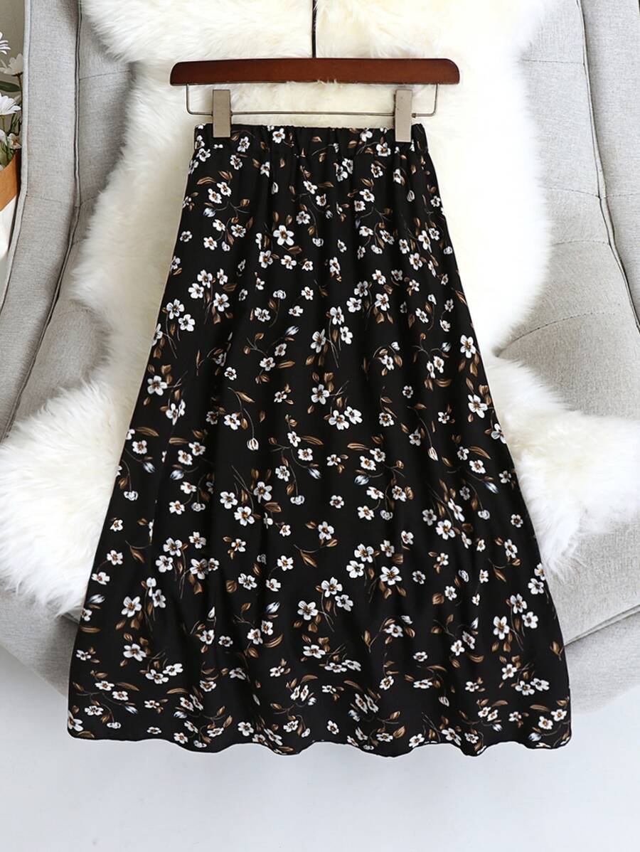 SHEIN LUNE Plus Allover Floral Print Skirt - Black - View 1