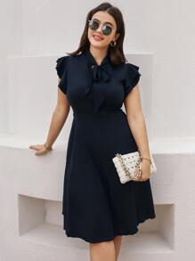 SHEIN LUNE Plus Tie Neck Ruffle Sleeve Dress
