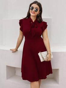 SHEIN LUNE Vestido de cuello con cordón de manga con volante - Burdeos - Ver 4