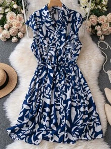 SHEIN LUNE Plus Allover Print Ruffle Trim Belted Dress - Blue and White - View 1