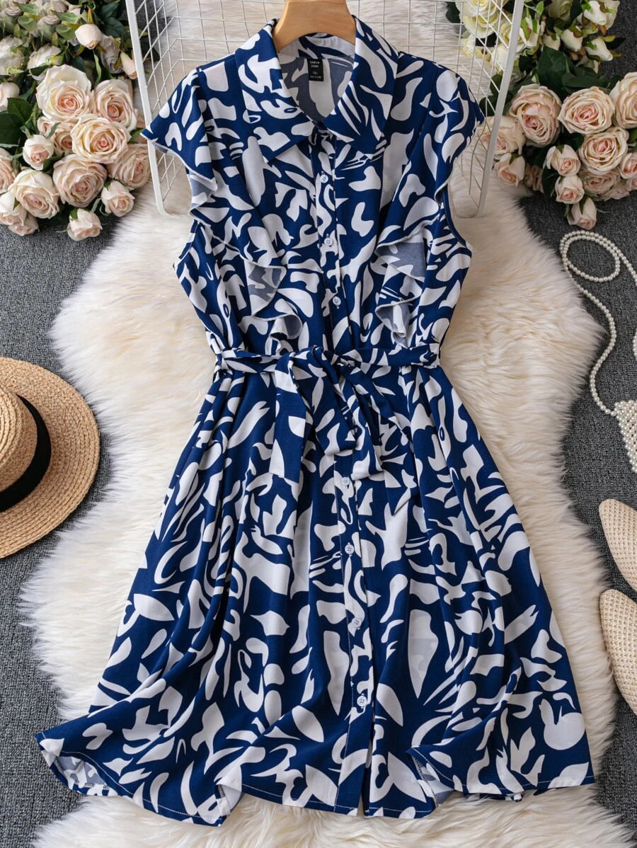 SHEIN LUNE Plus Allover Print Ruffle Trim Belted Dress - Blue and White - View 1