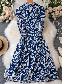 SHEIN LUNE Plus Allover Print Ruffle Trim Belted Dress - Blue and White - View 2