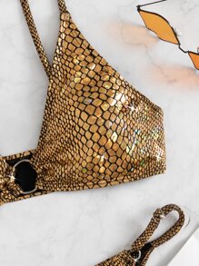 Gold Print O-Ring Detail Thong Bikini - Gold - View 3